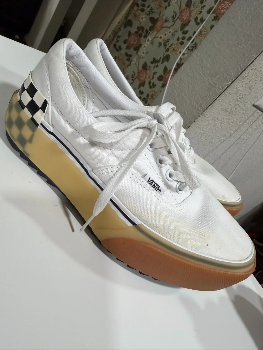 Vans White Checkerboard Platform Lace-Up Sneakers with Gum Sole